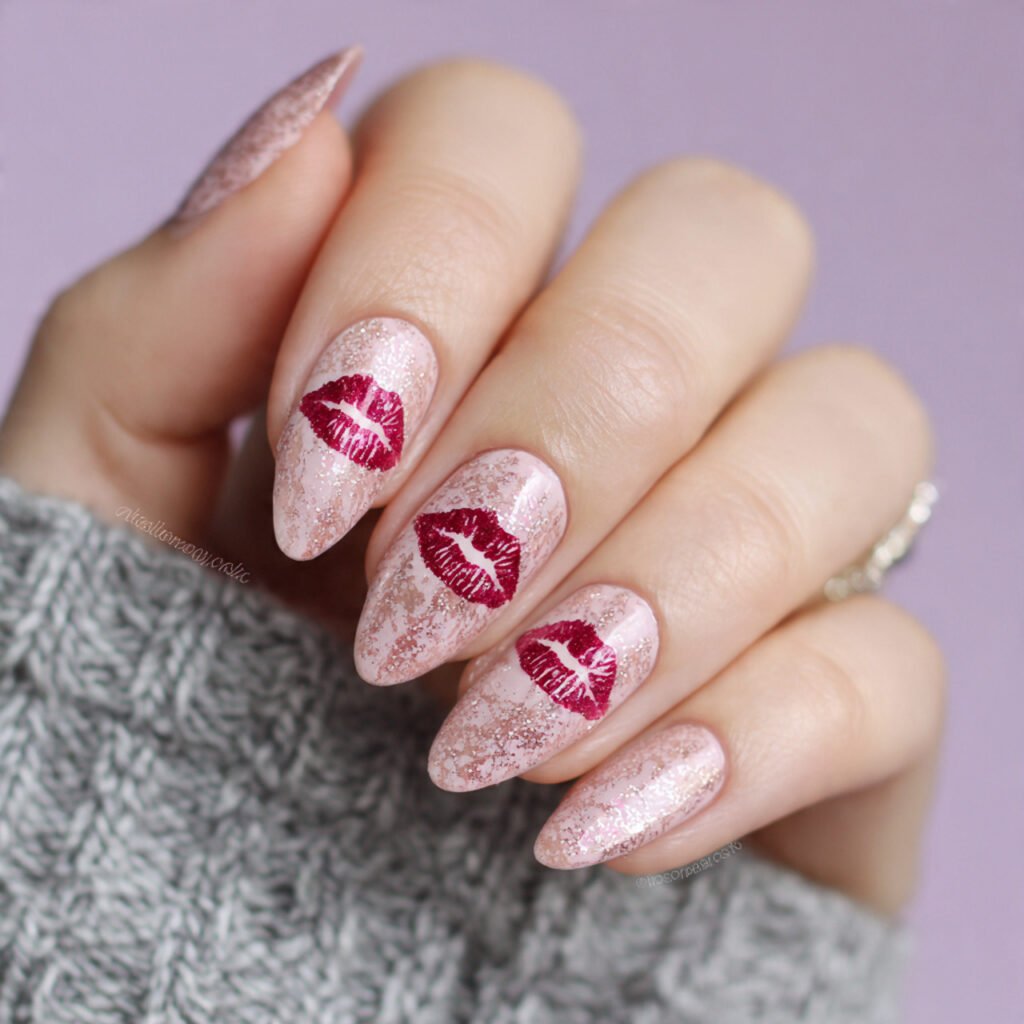 base tiny lip print accent nails