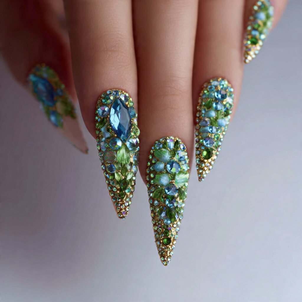 base with crystal rhinestones nails nature looks