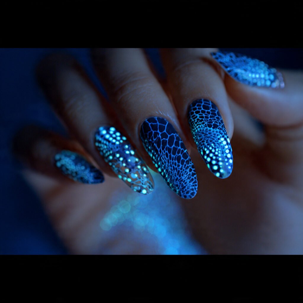bioluminescent dot glow nails blue base