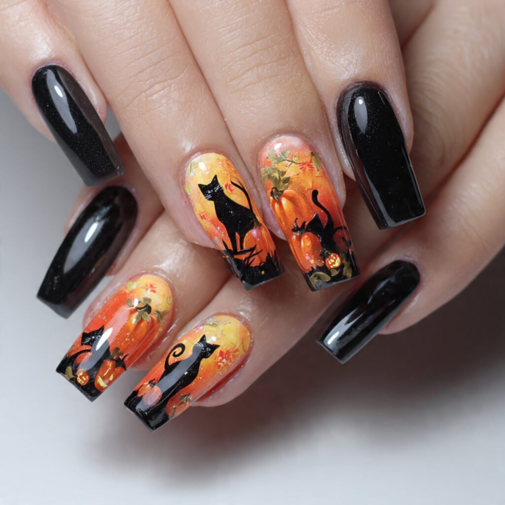black cats and pumpkin art cool nails