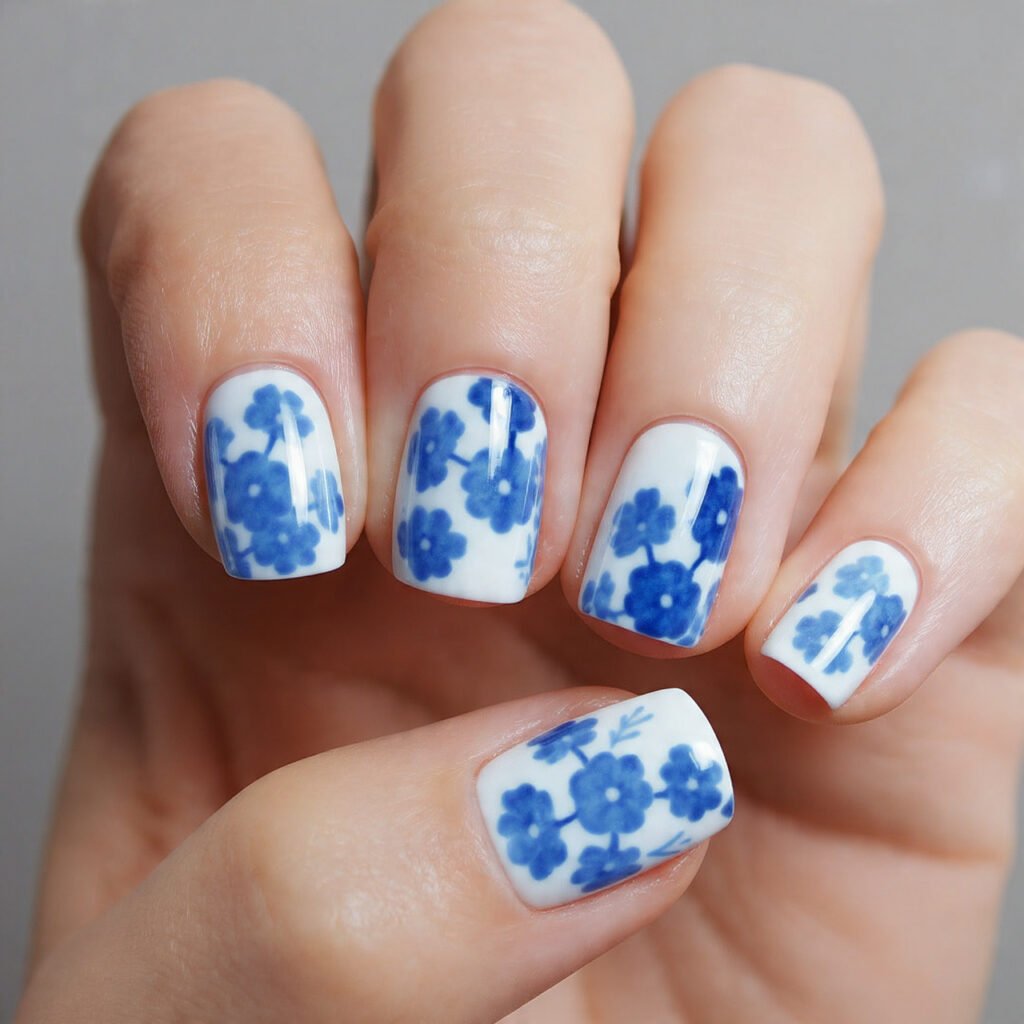 blue and white porcelain coastal nails natural