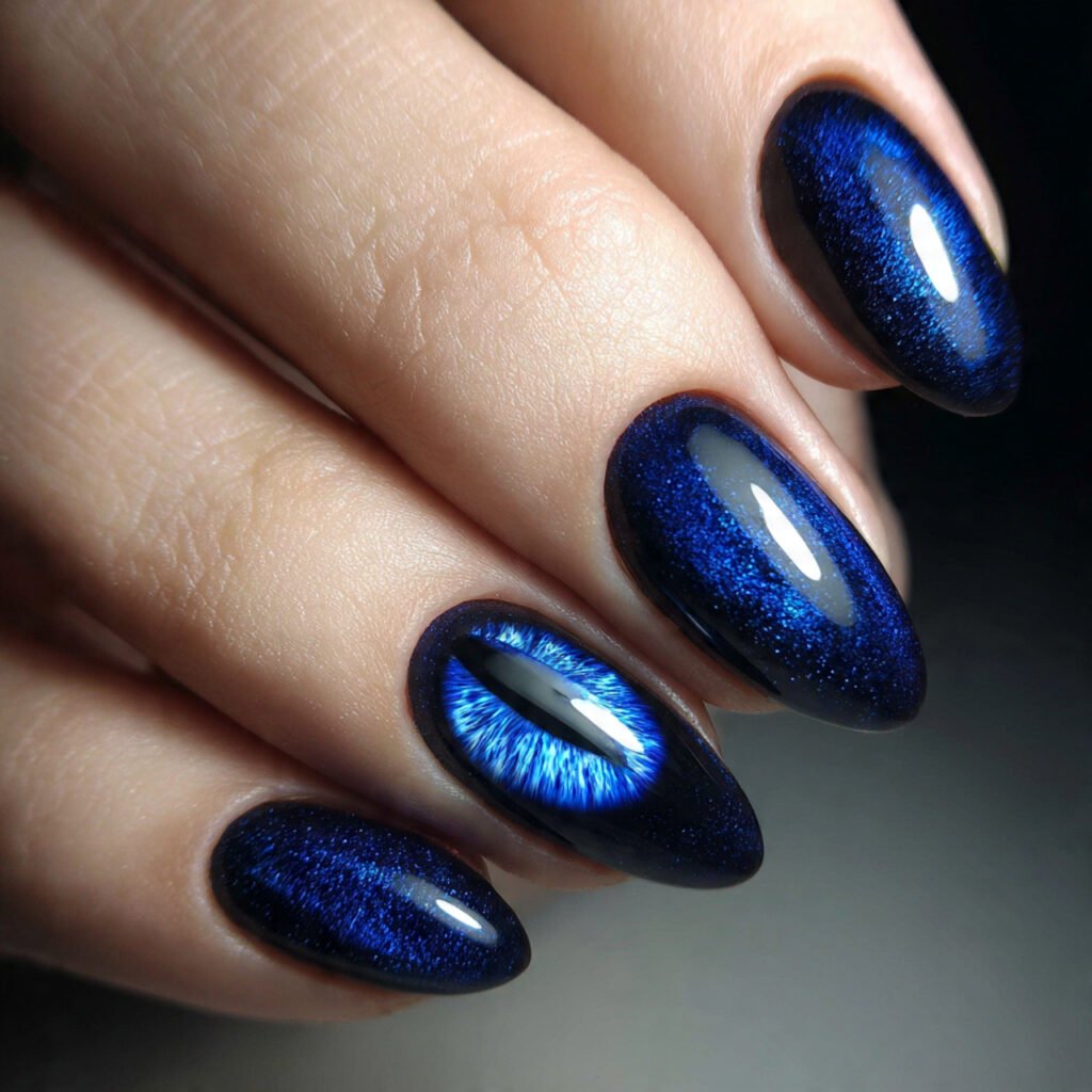 blue cat eye and nails combination attractive