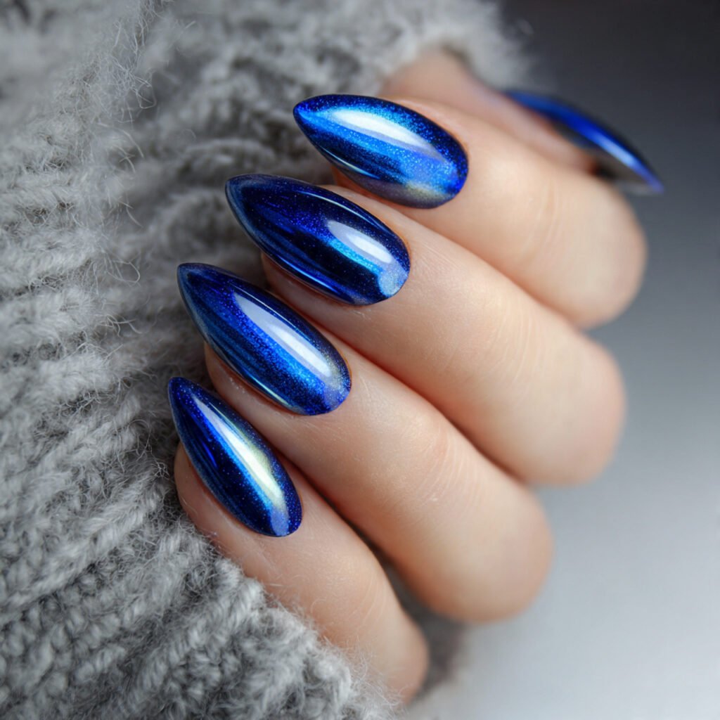 blue cat eye nails with chrome accents