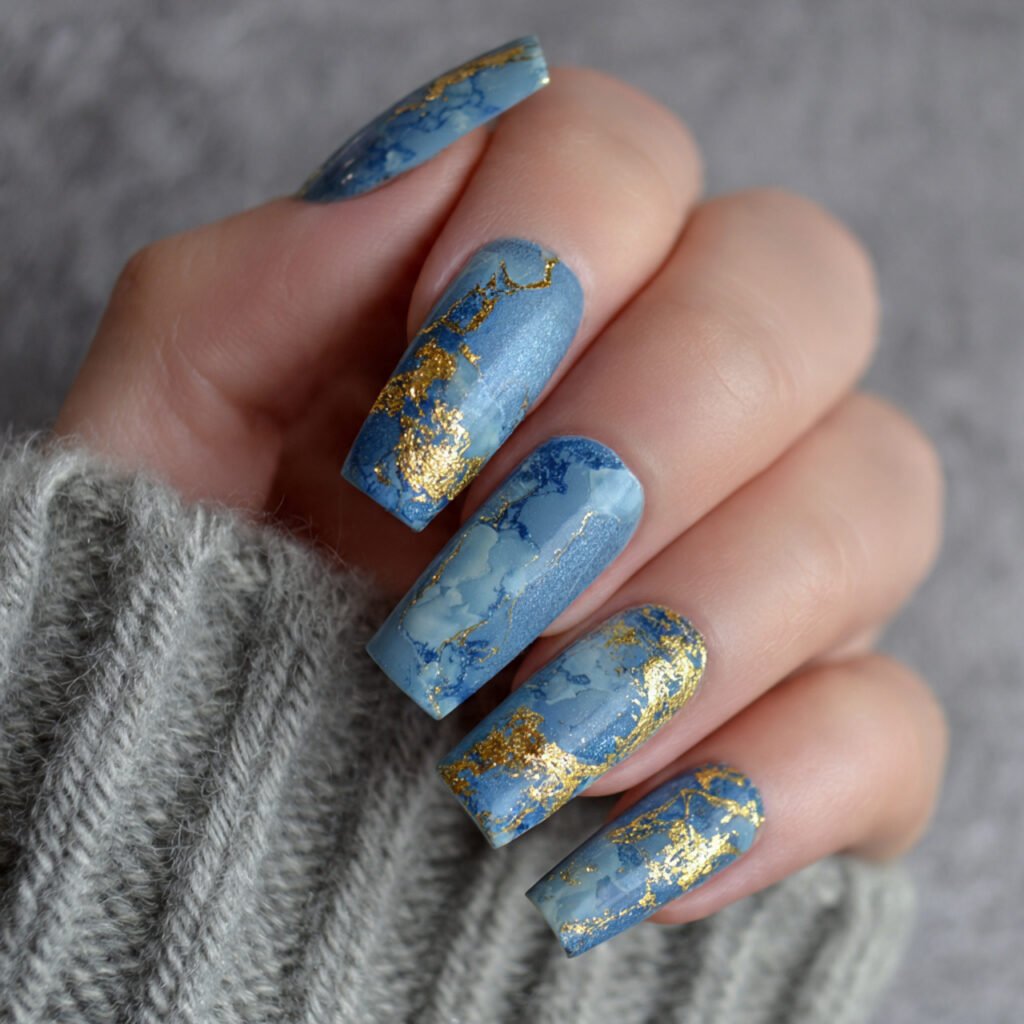 blue cat eye nails with gold foil