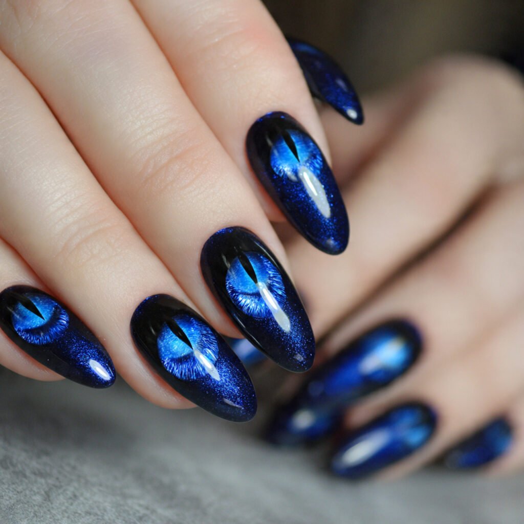 blue cat eye nails with negative space