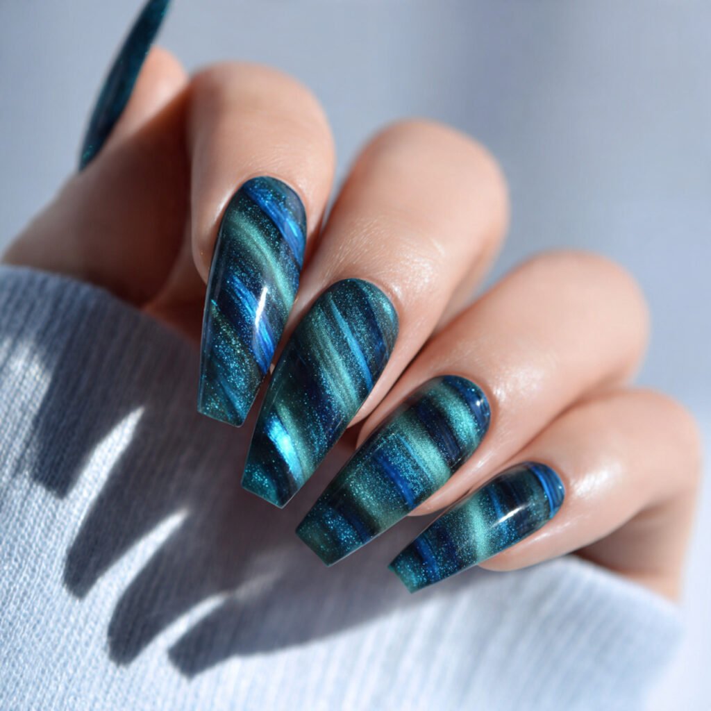 blue cat eye velvet nails ocean depth effect