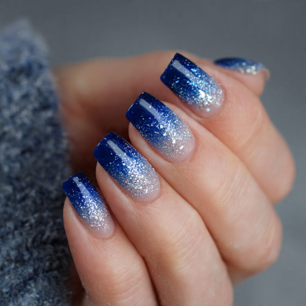 blue silver glitter tip fade snowy