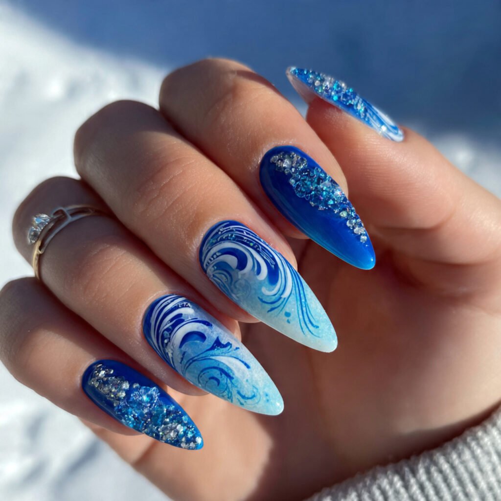 blue swag nails with swirling designs attractive