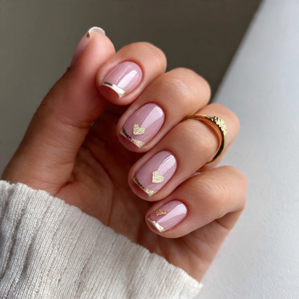 blush french tips with a tiny heart