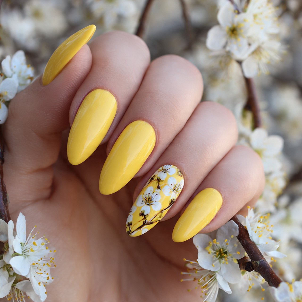 butter yellow almond nails nature background looks