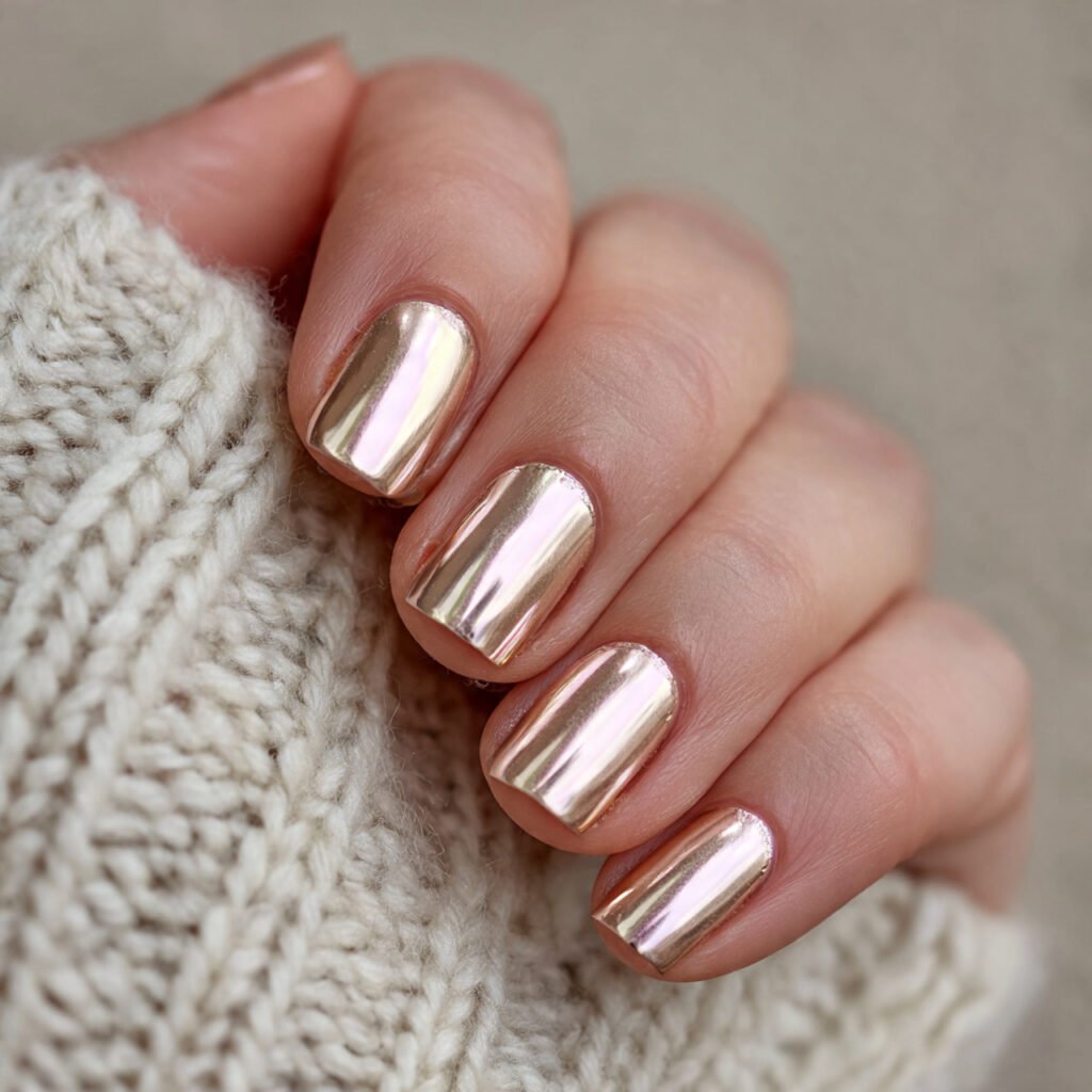 champagne pearl chrome nails soft luxury