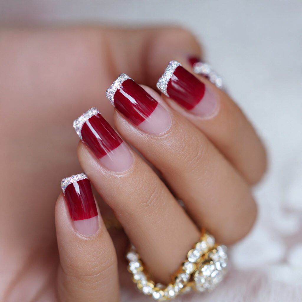 cherry red micro french on base nail design