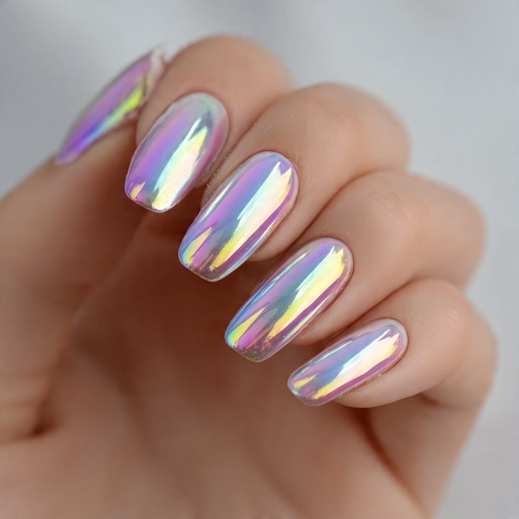 chrome aura nails soft metallic glow