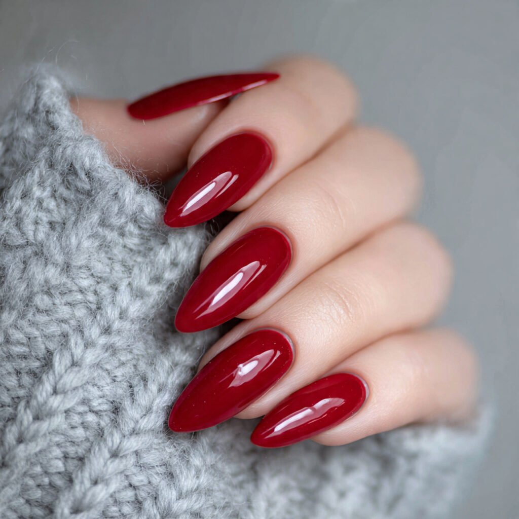 classic glossy red almond nails 1