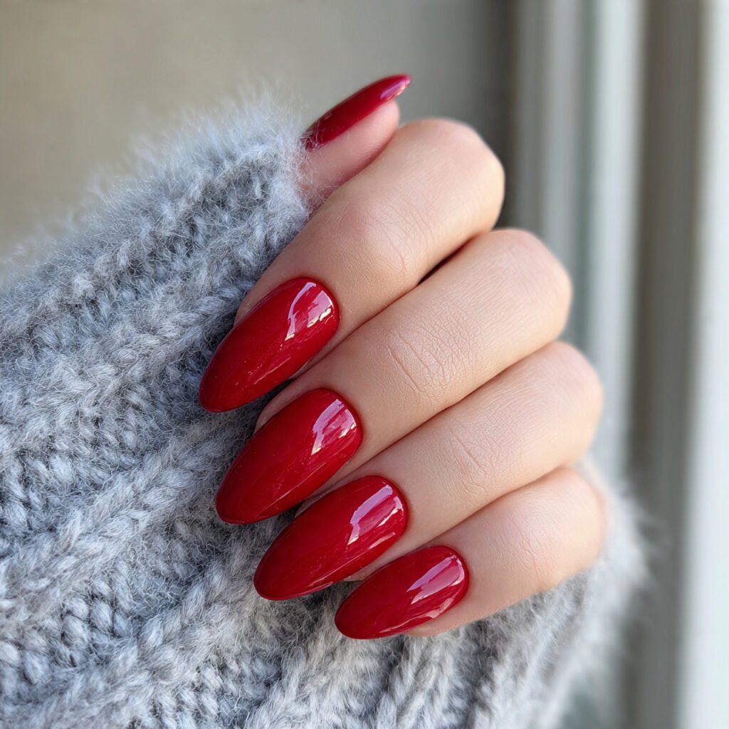 classic glossy red almond nails art