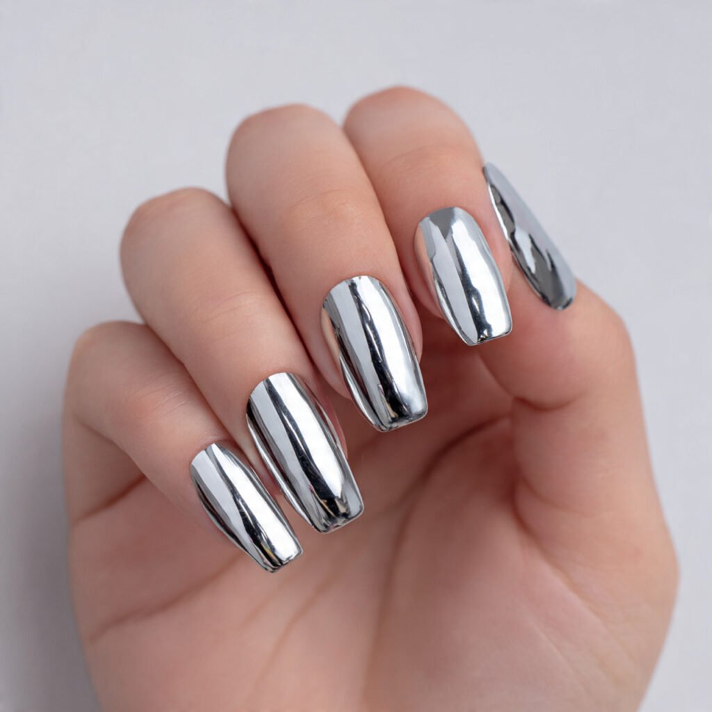 classic silver chrome nails full coverage