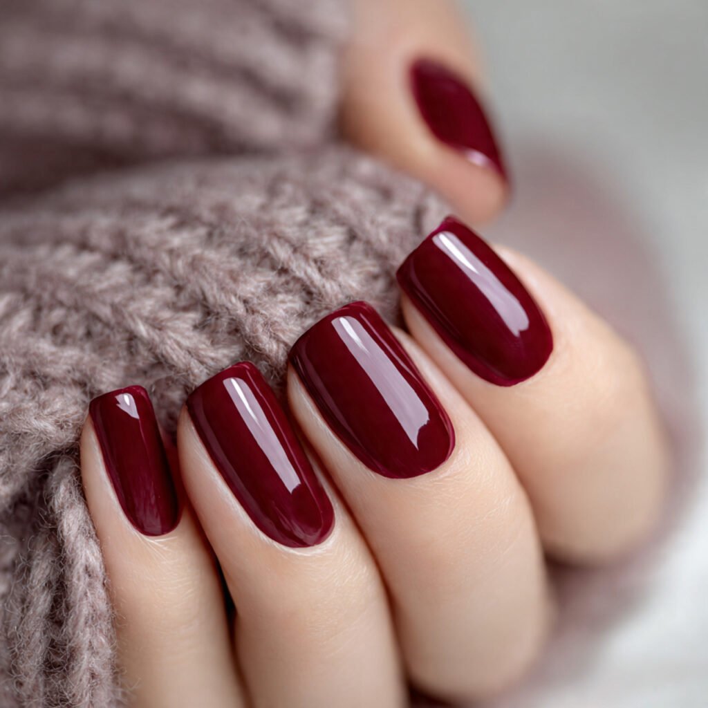 deep wine red with glossy finish nail