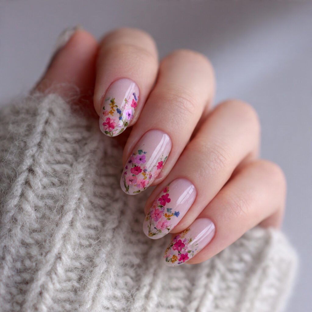 early spring tiny florals on sheer nails 1