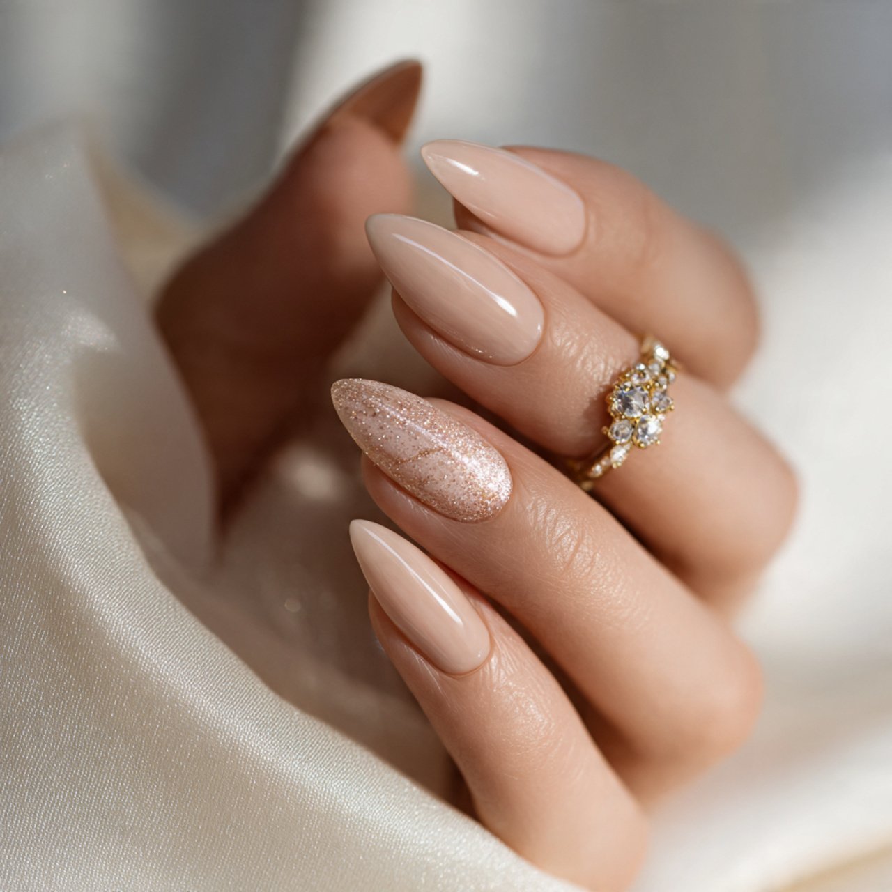 elegant almond shaped nails with a champagne beige