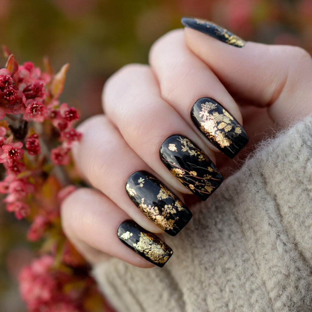 elegant with gold foil nature looks nails