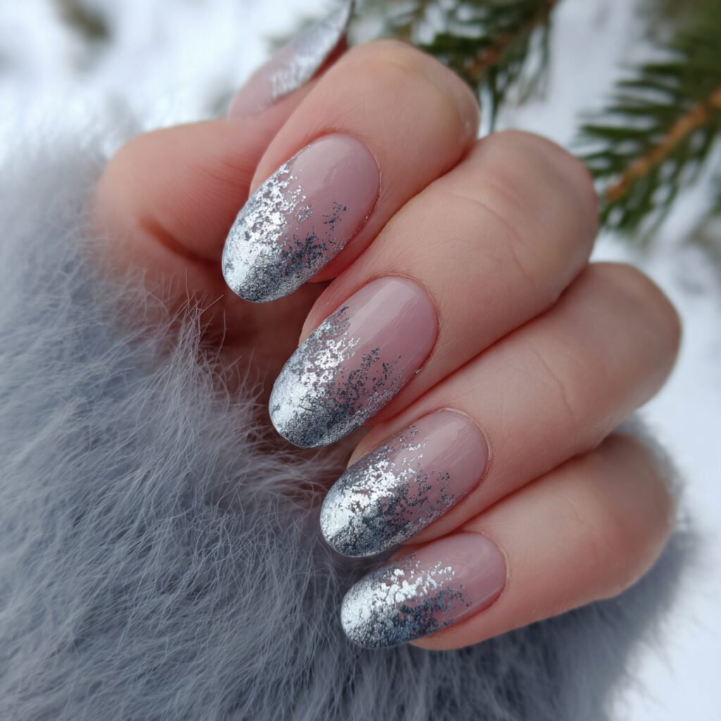 frosted silver tips winter to spring transition nails art