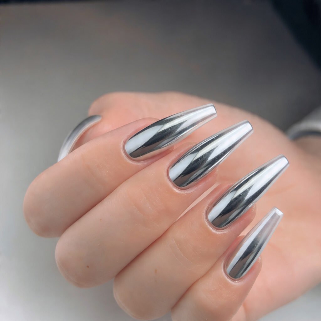 glazed nude chrome stiletto soft glass shine