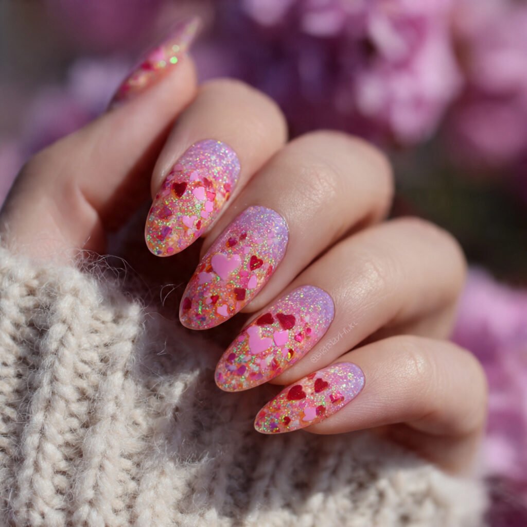 glitter gradient with heart confetti nails
