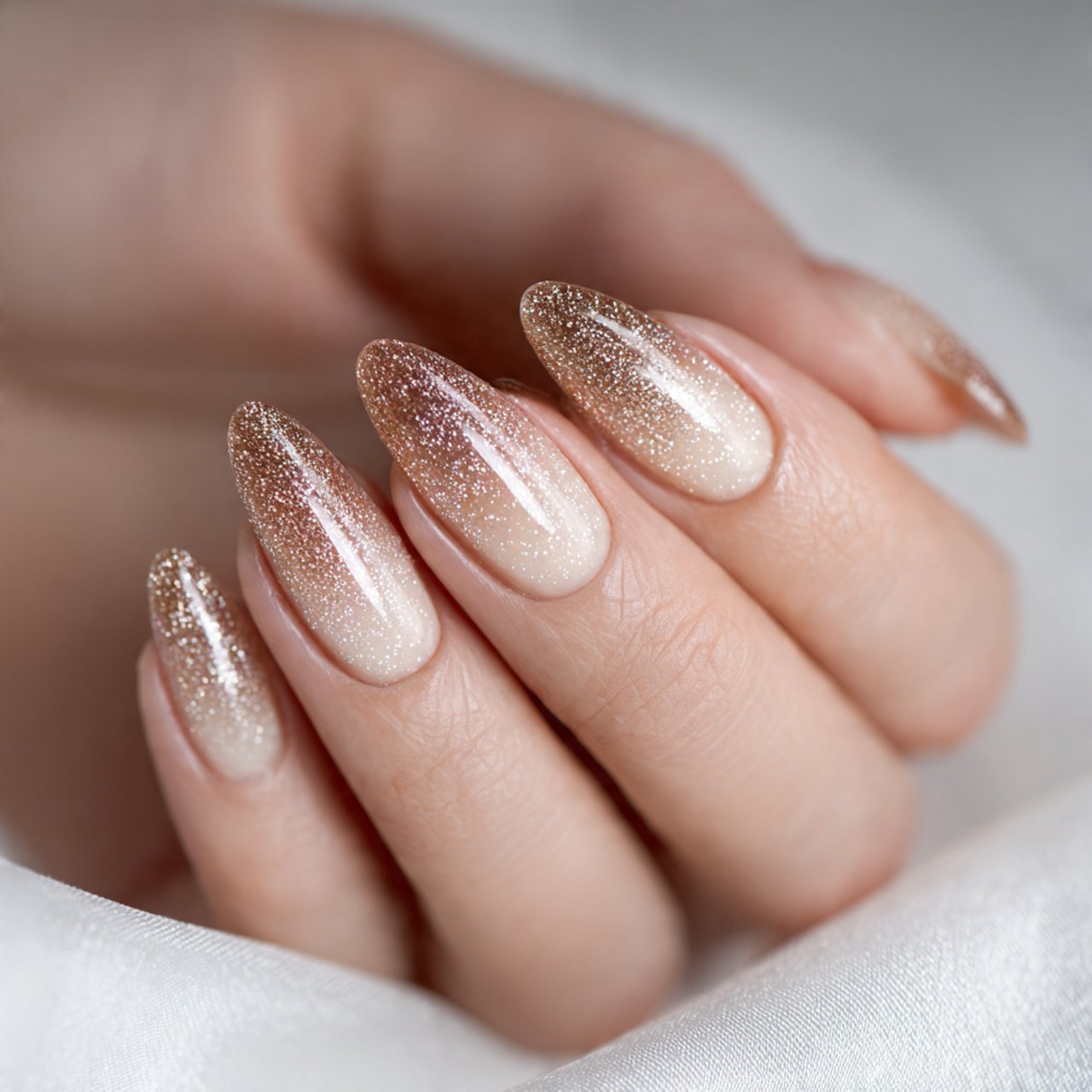 glitter ombre champagne beige nails with a