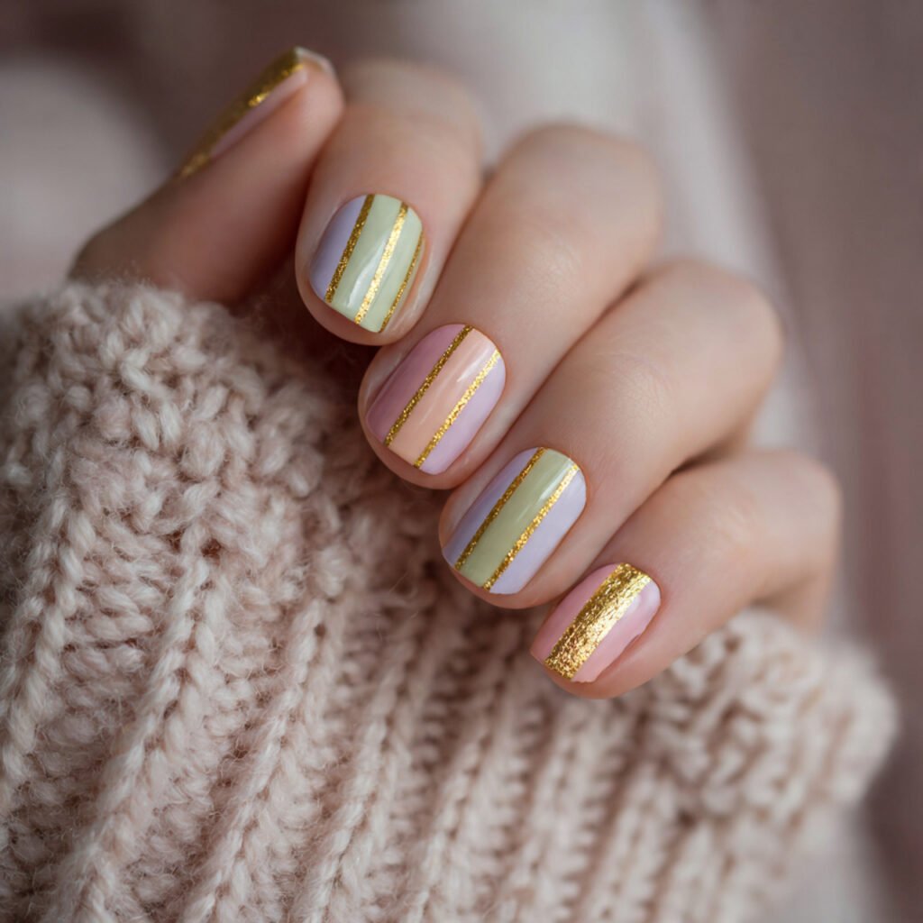 gold and pastel stripes attractive looks nails