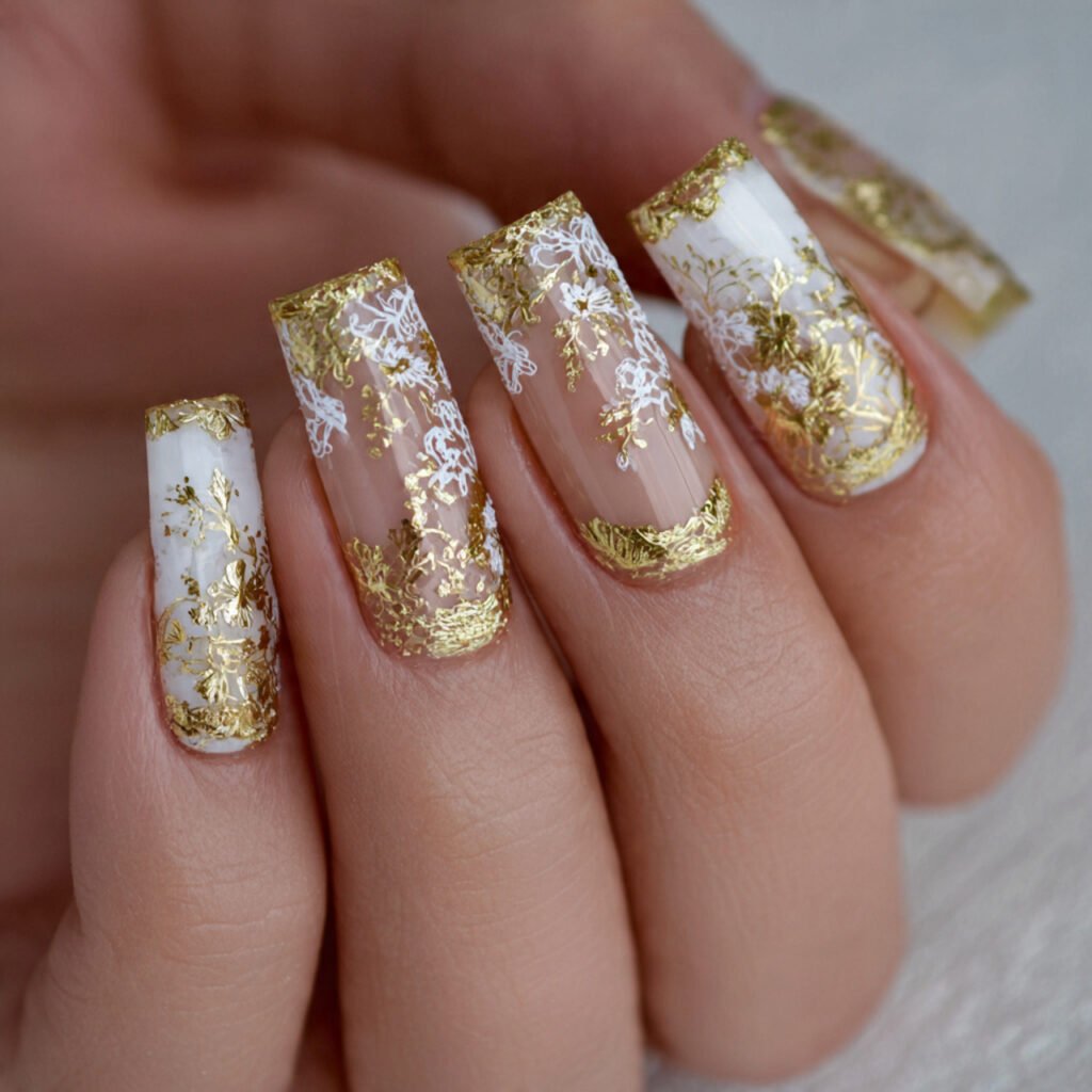 gold and white lace detailing nature looks