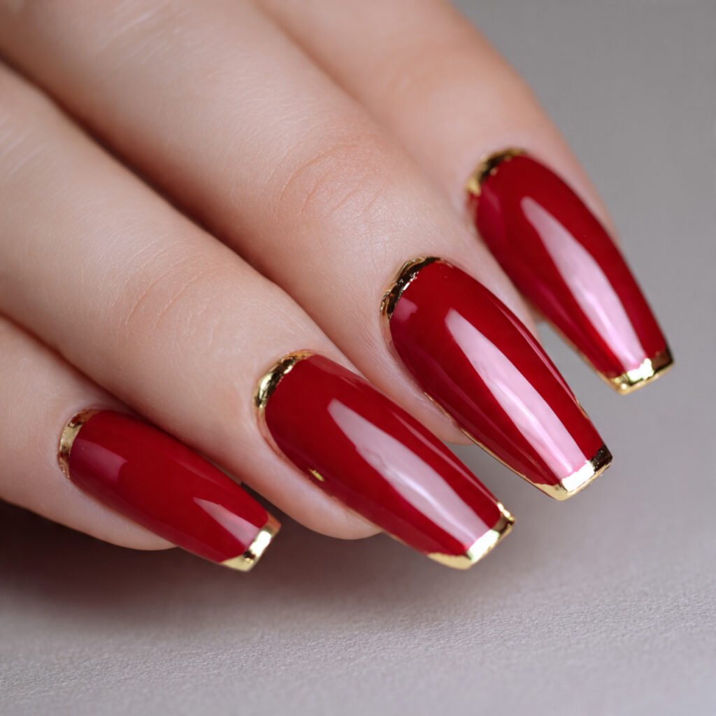golden chrome tips on red base nails