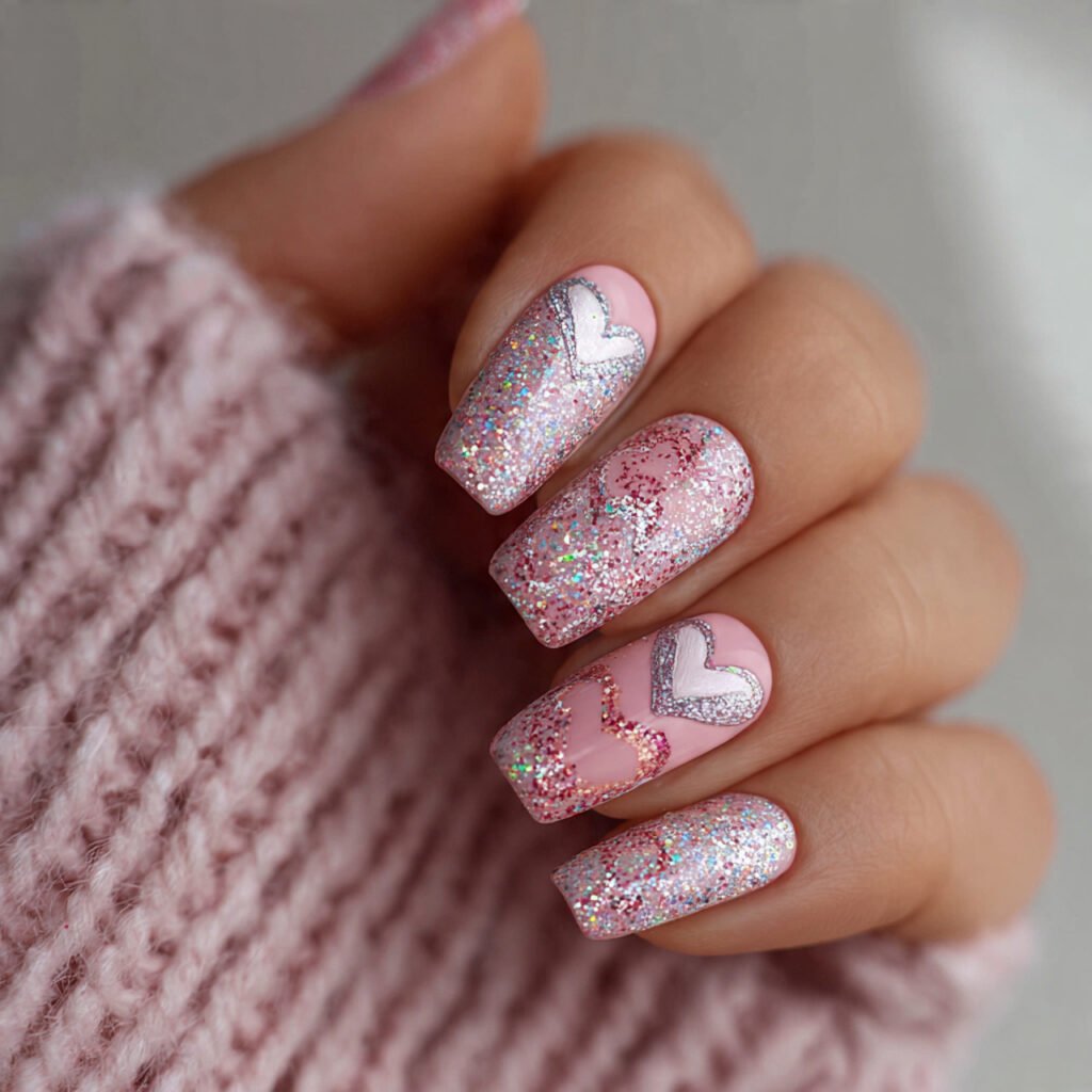 heart shaped accents with glitter beautiful looks nails