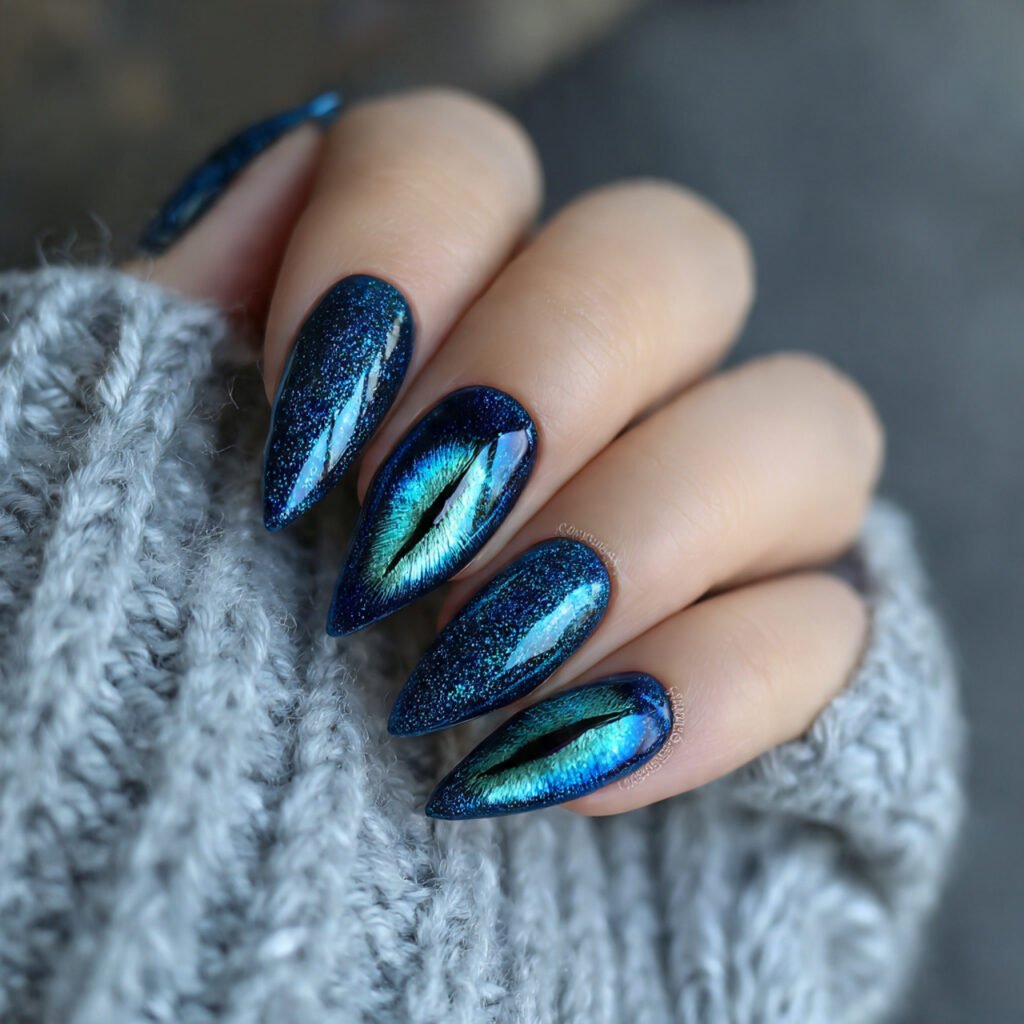 holographic blue cat eye nails good looking