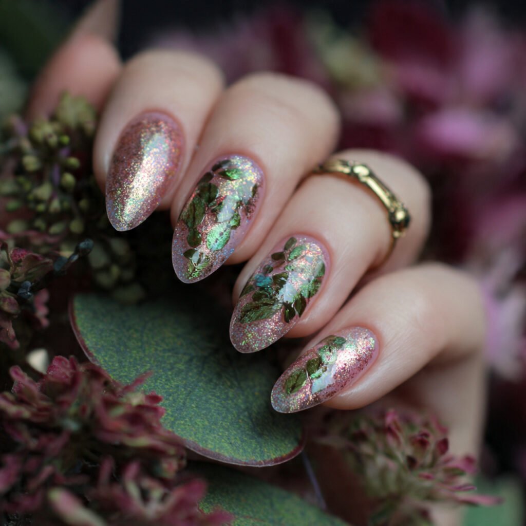 holographic glitter accents nature looks nails