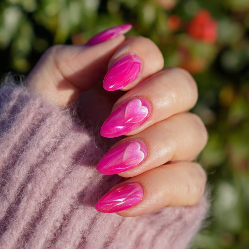 hot pink aura nails with a soft