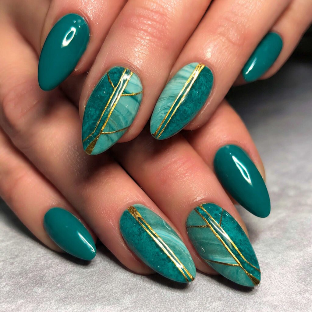 jade green nails with gold lines