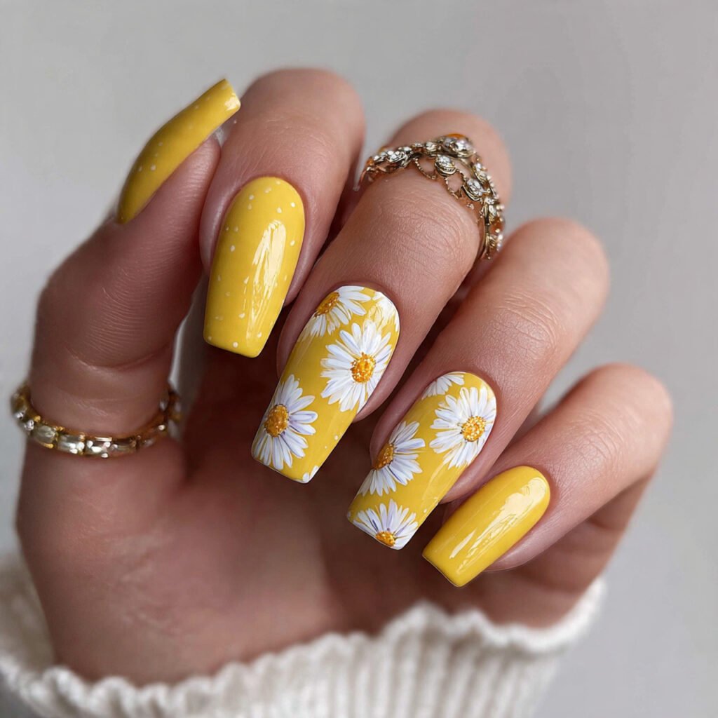 lemon yellow nails with white daisies attractive