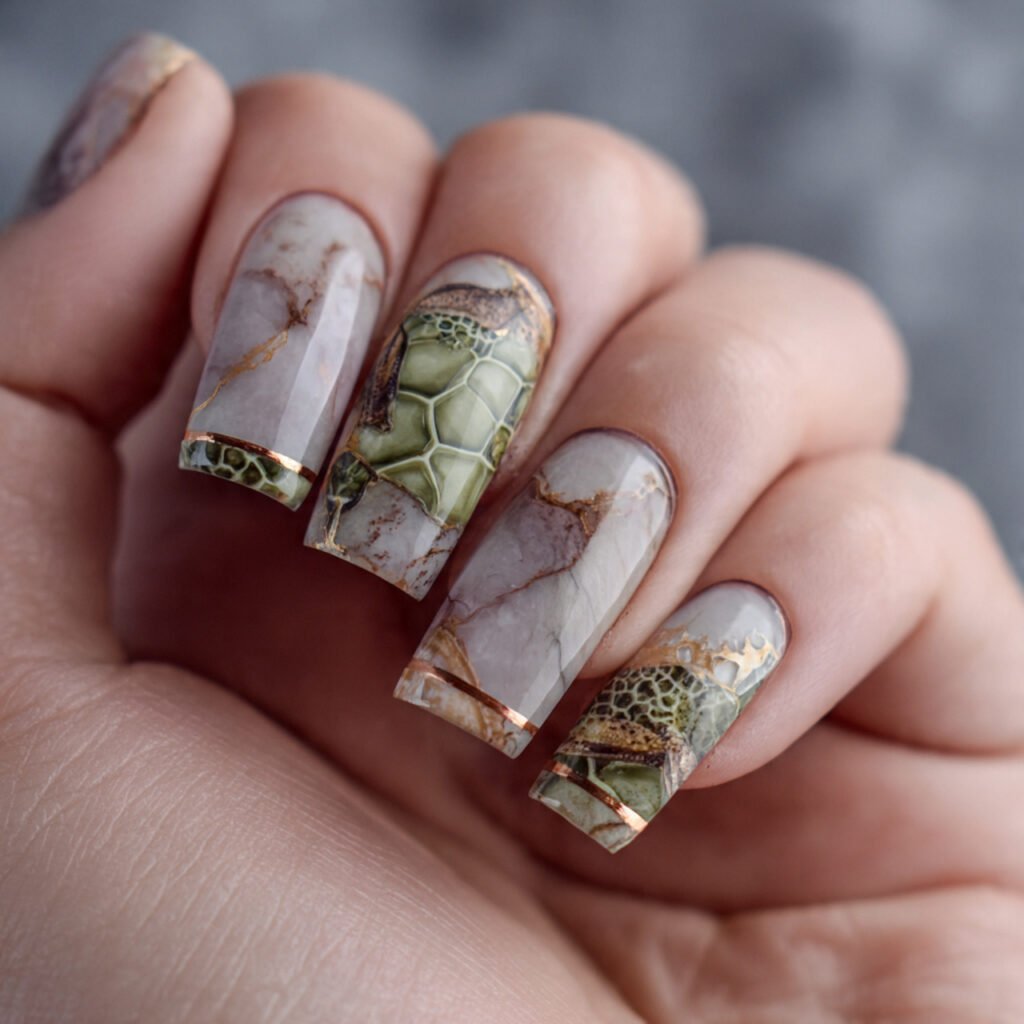 marble tortoise accent nail design natural