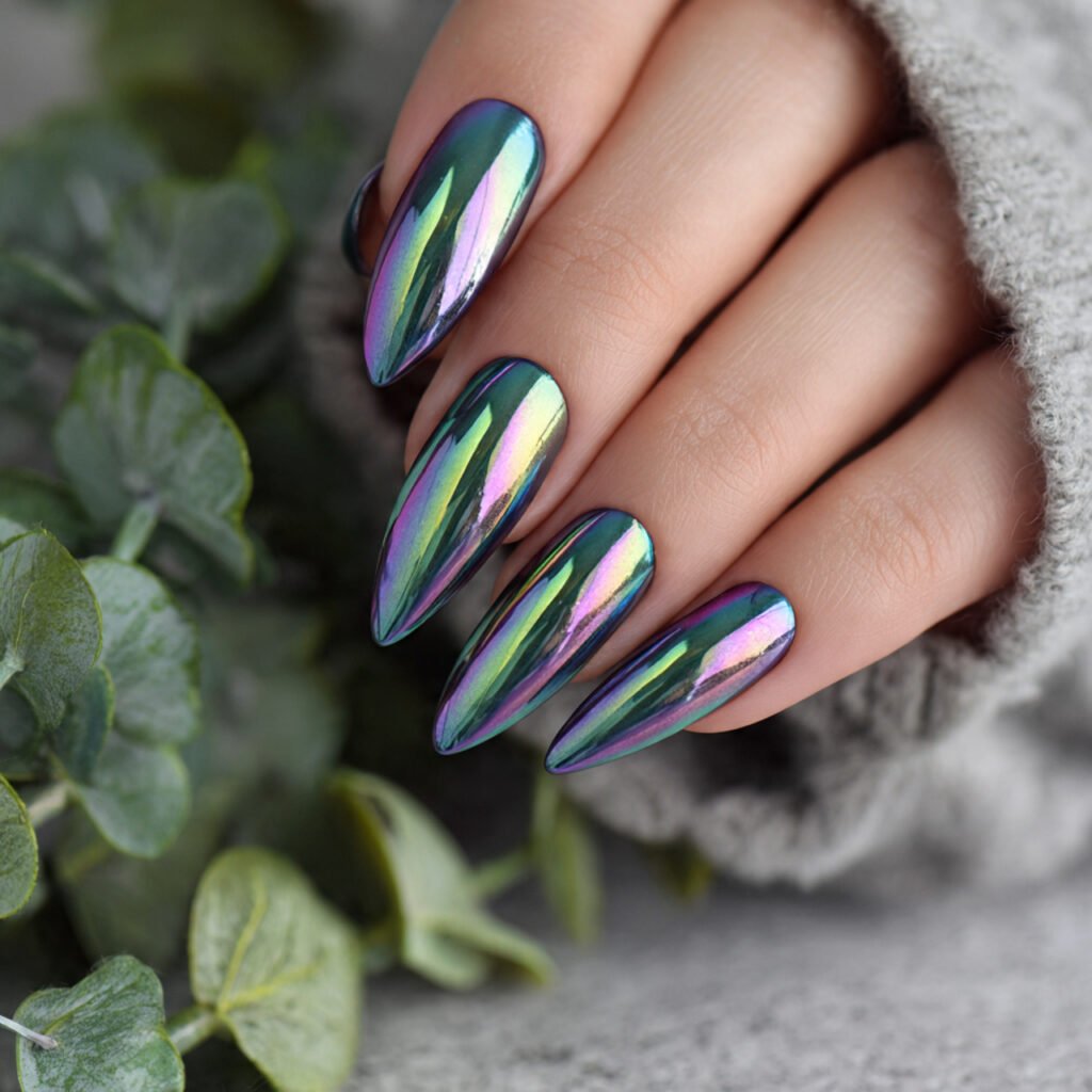 mermaid chrome tips on base beautiful nails