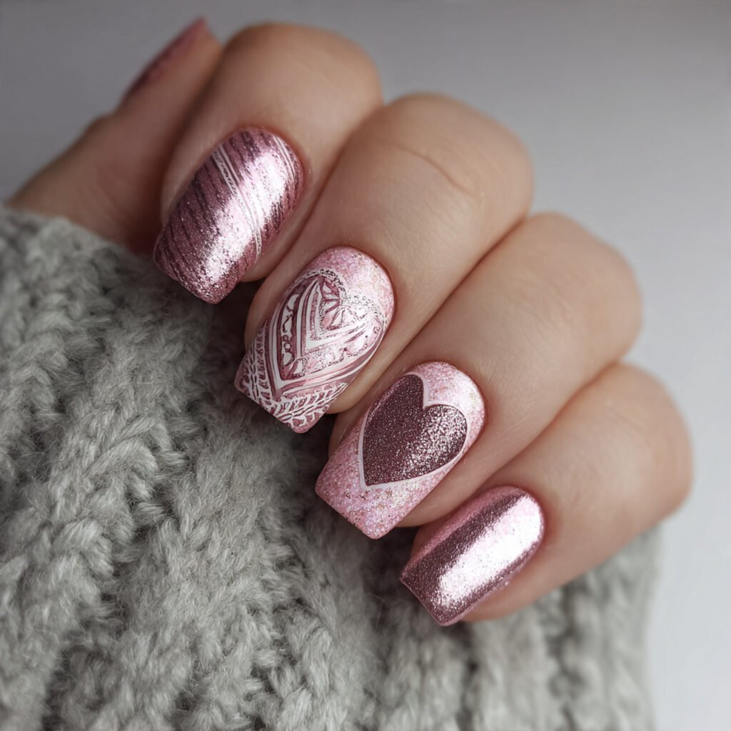 metallic pink with heart nail art beautiful