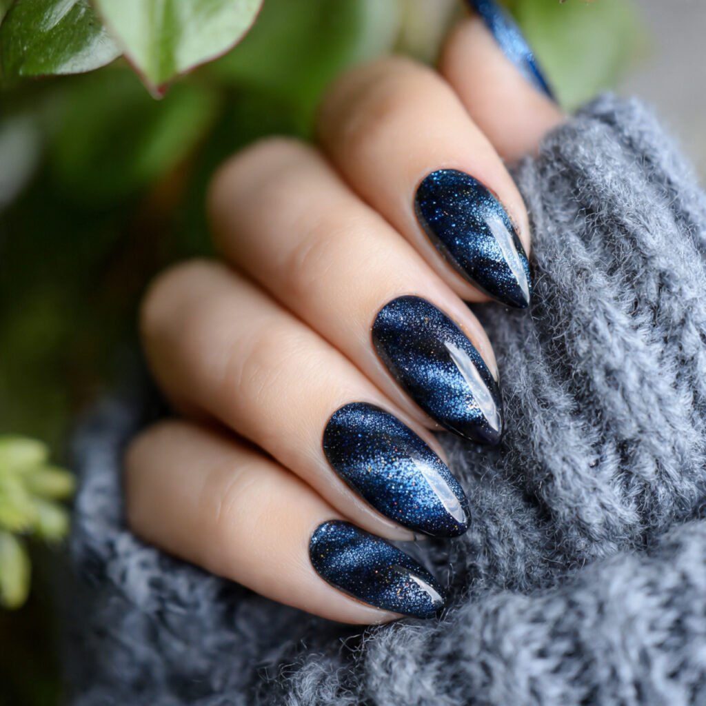 midnight blue velvet cat eye cozy starry night vibe
