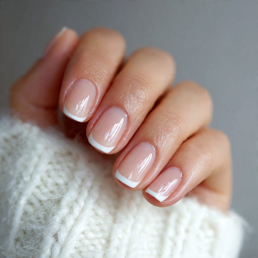 milky base french tip nails natural look