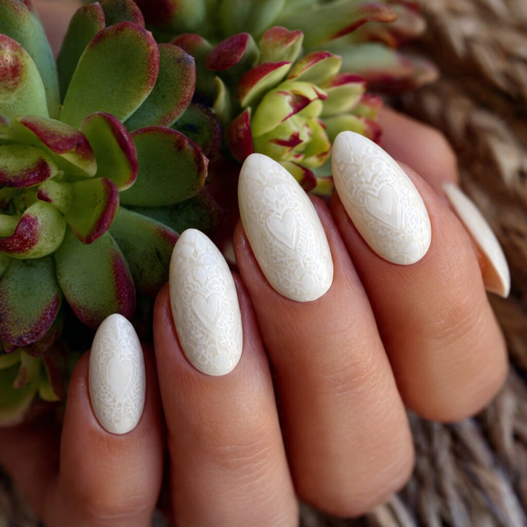 milky white almond nails with lace hearts