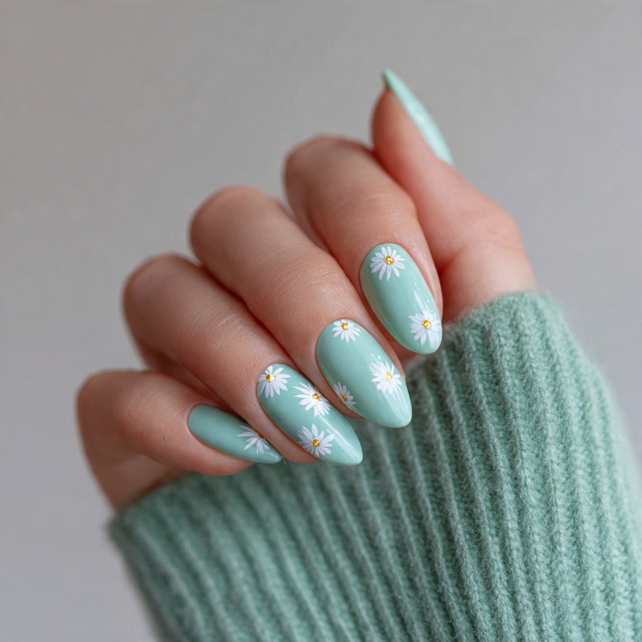 mint green with white daisy accents natural