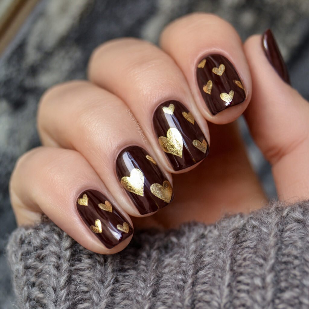 mocha chocolate nails with gold foil hearts