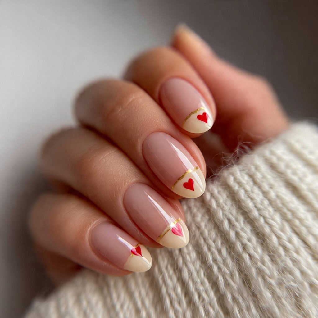 nails with tiny heart accent natural and
