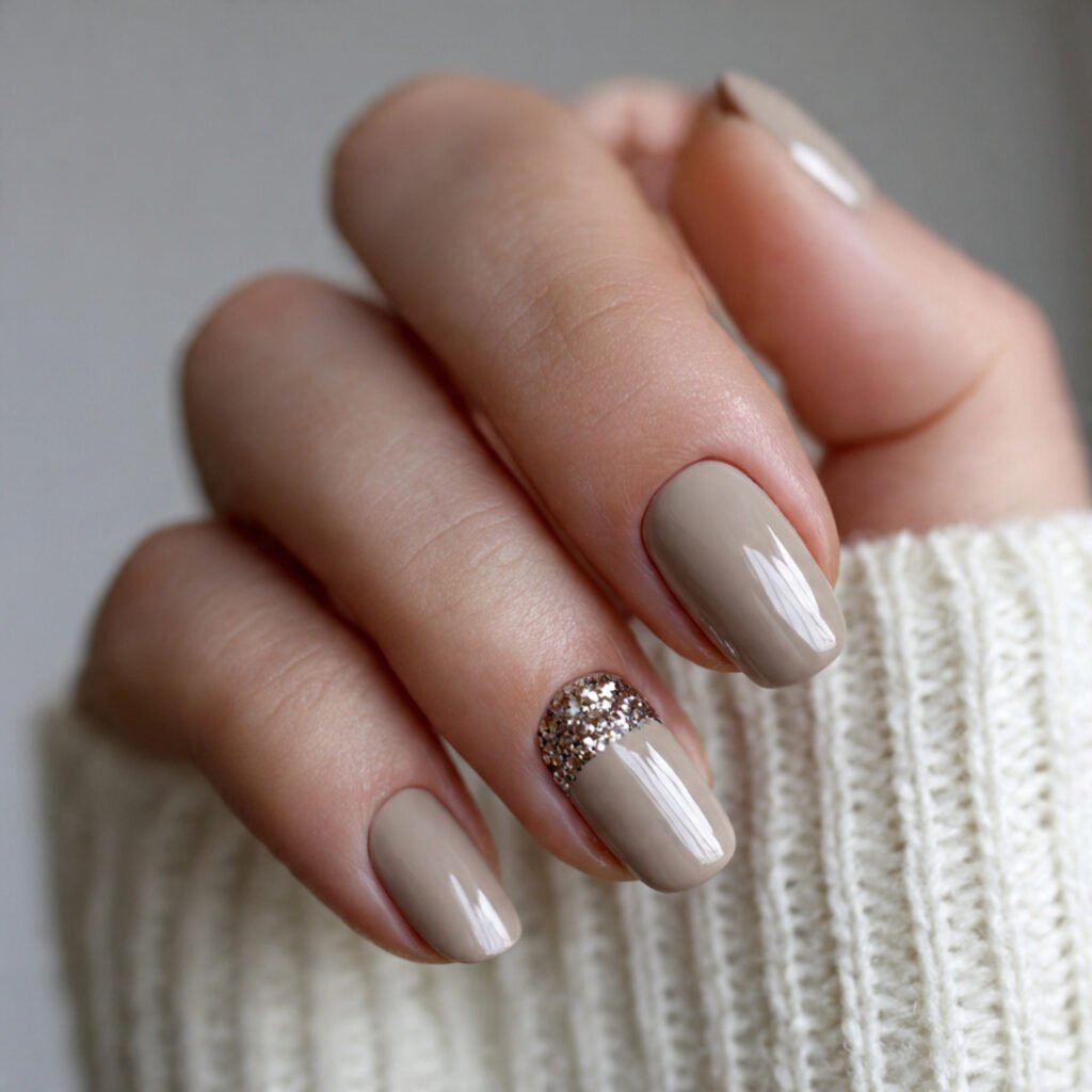 neutral gel nails with accent nail detail