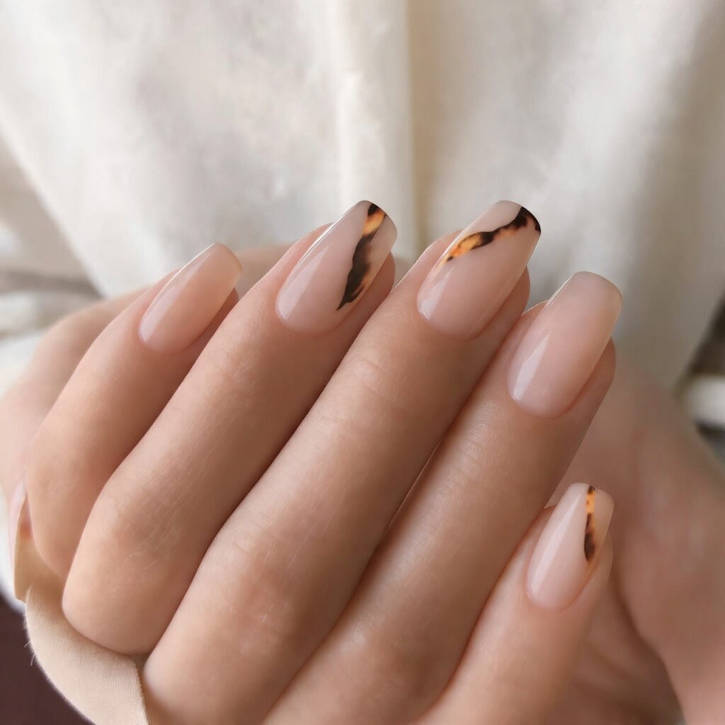 neutral nails with tortoiseshell accent warm stylish