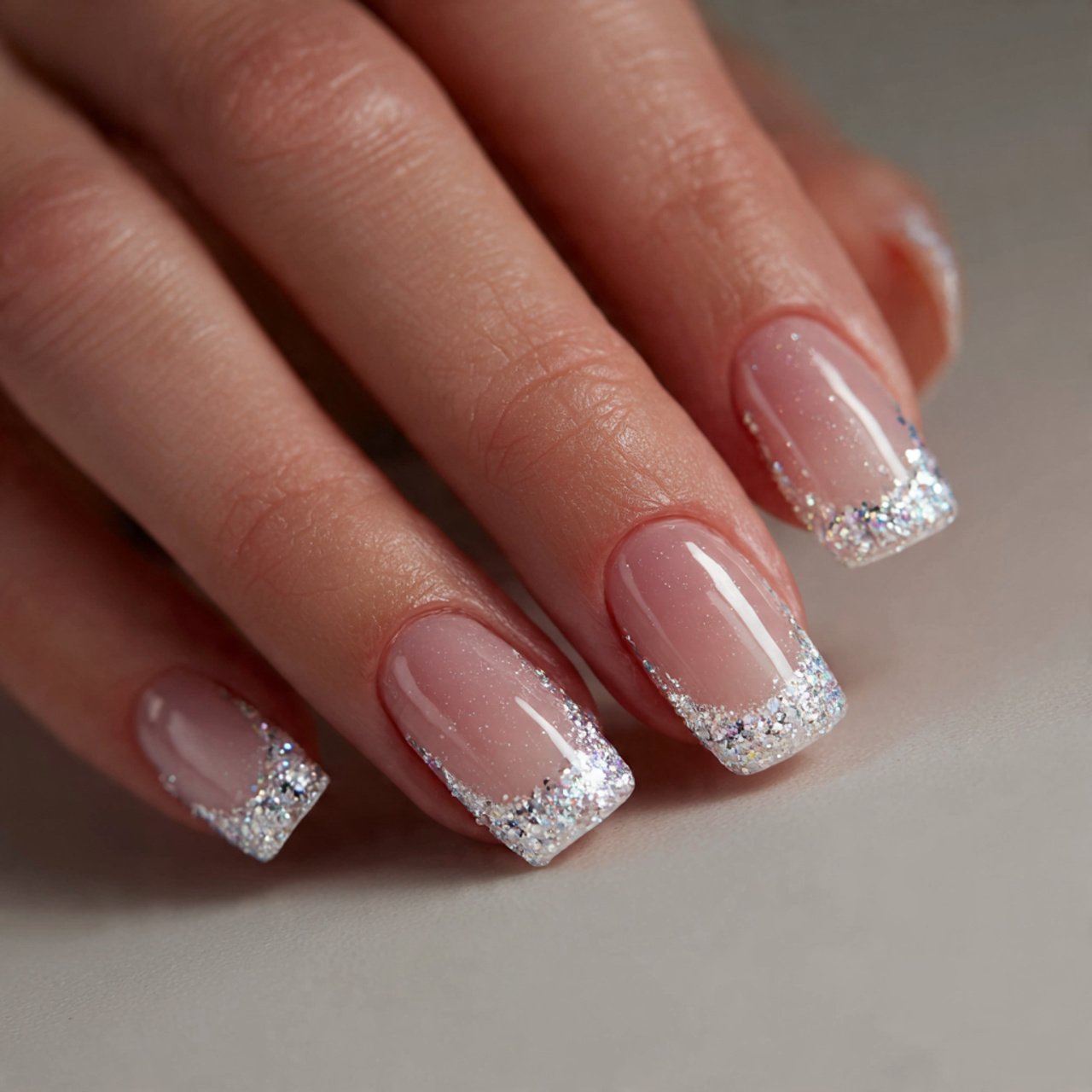 nude nails with glitter french tips