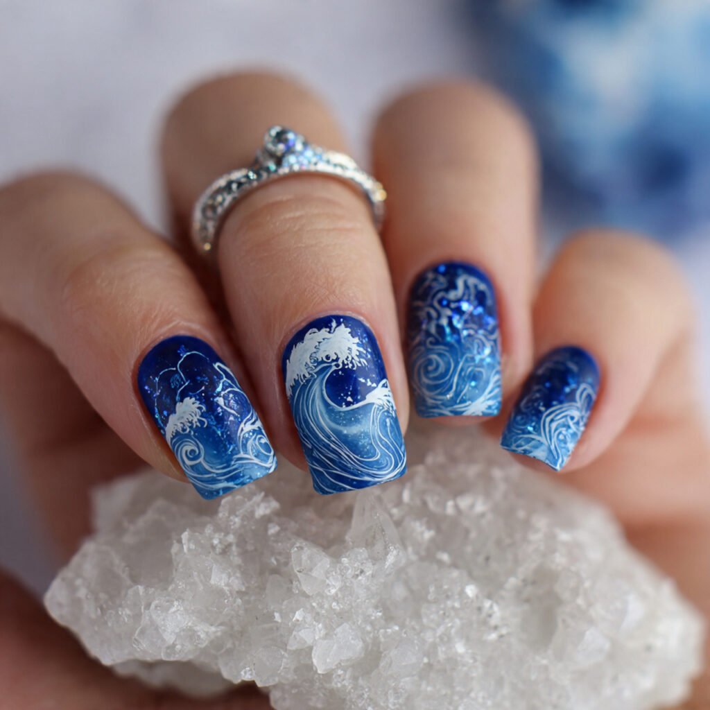 ocean wave accent nails blue swirl art